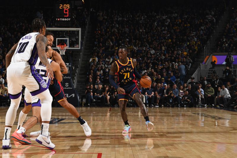 SAN FRANCISCO, CA - JANUARY 5: Dennis Schroder #71 of the Golden State Warriors handles the ball during the game against the Sacramento Kings on January 5, 2025 at Chase Center in San Francisco, California. NOTE TO USER: User expressly acknowledges and agrees that, by downloading and or using this photograph, user is consenting to the terms and conditions of Getty Images License Agreement. Mandatory Copyright Notice: Copyright 2025 NBAE (Photo by Noah Graham/NBAE via Getty Images)