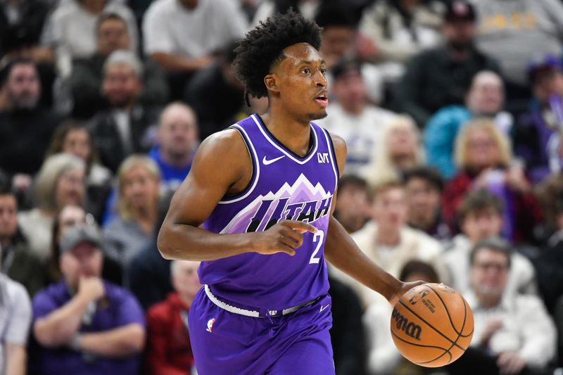 SALT LAKE CITY, UTAH - JANUARY 03: Collin Sexton #2 of the Utah Jazz in action during the first half of a game against the Detroit Pistons at Delta Center on January 03, 2024 in Salt Lake City, Utah. NOTE TO USER: User expressly acknowledges and agrees that, by downloading and or using this photograph, User is consenting to the terms and conditions of the Getty Images License Agreement. (Photo by Alex Goodlett/Getty Images)