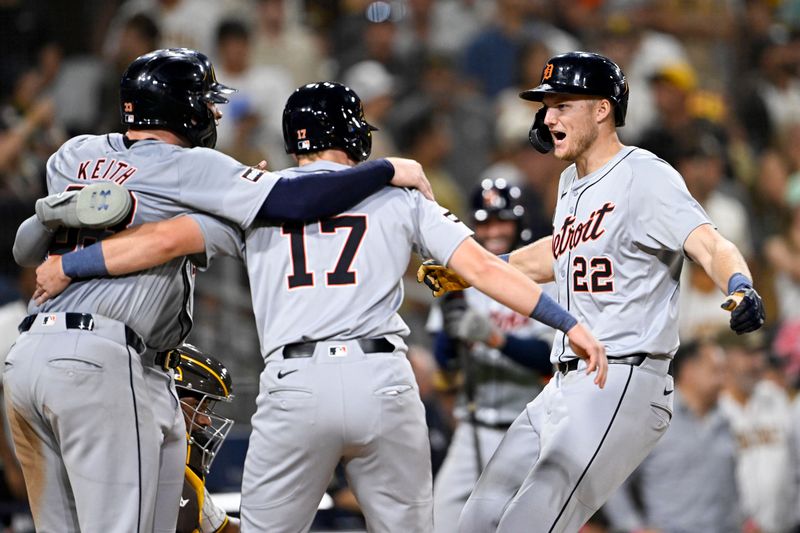 Sep 5, 2024; San Diego, California, USA; Detroit Tigers center fielder Parker Meadows (22) is congratulated after hitting a grand slam during the ninth inning against the San Diego Padres at Petco Park. Mandatory Credit: Denis Poroy-Imagn Images