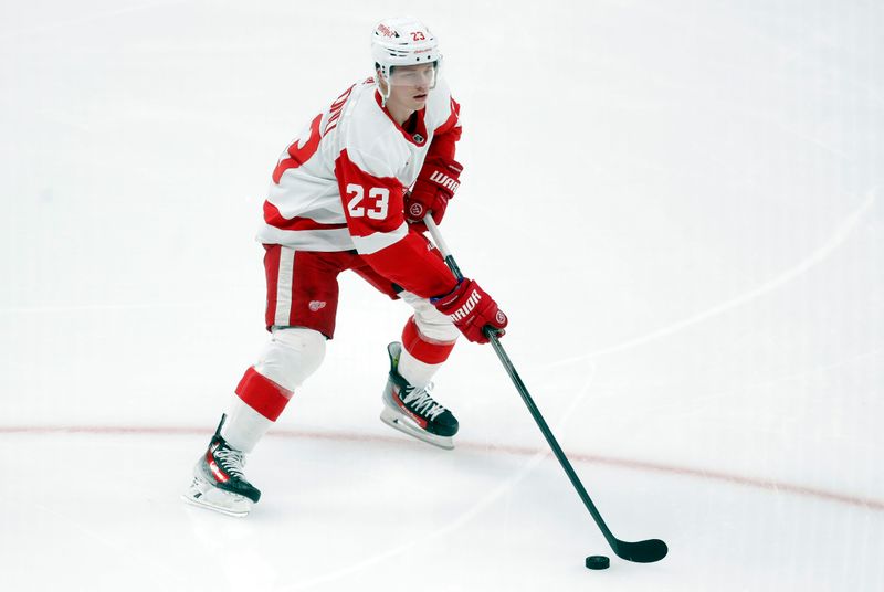 Apr 11, 2024; Pittsburgh, Pennsylvania, USA; Detroit Red Wings left wing Lucas Raymond (23) warms up before the game against the Pittsburgh Penguins at PPG Paints Arena. Mandatory Credit: Charles LeClaire-USA TODAY Sports