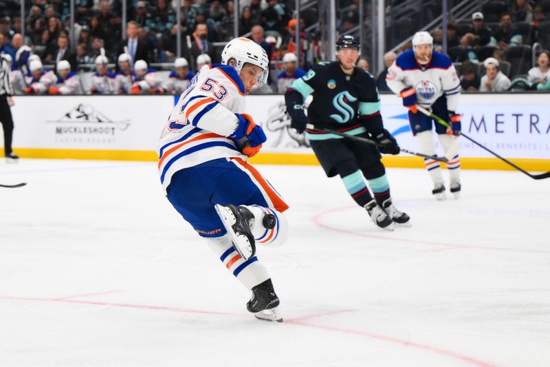 Oct 2, 2024; Seattle, Washington, USA; Edmonton Oilers center Jeff Skinner (53) intercepts the puck with his leg during the third period against the Seattle Kraken at Climate Pledge Arena. Mandatory Credit: Steven Bisig-Imagn Images