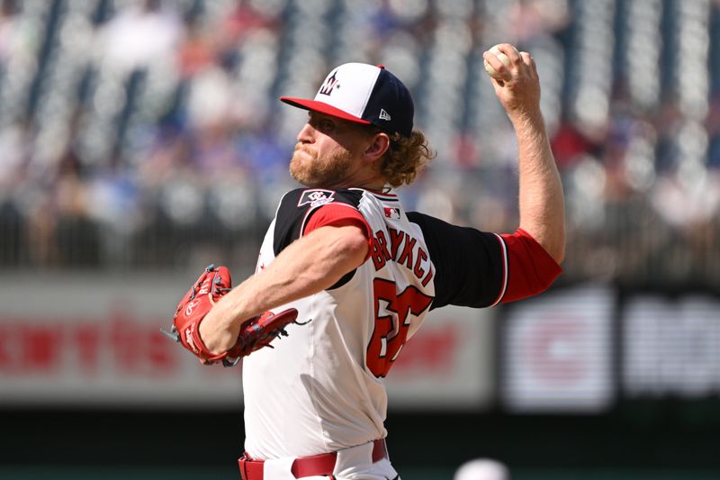 Sep 1, 2024; Washington, District of Columbia, USA; Washington Nationals relief pitcher Zach Brzykcy (66) throws a pitch during his Major League debut against the Chicago Cubs during the ninth inning at Nationals Park. Mandatory Credit: Rafael Suanes-USA TODAY Sports