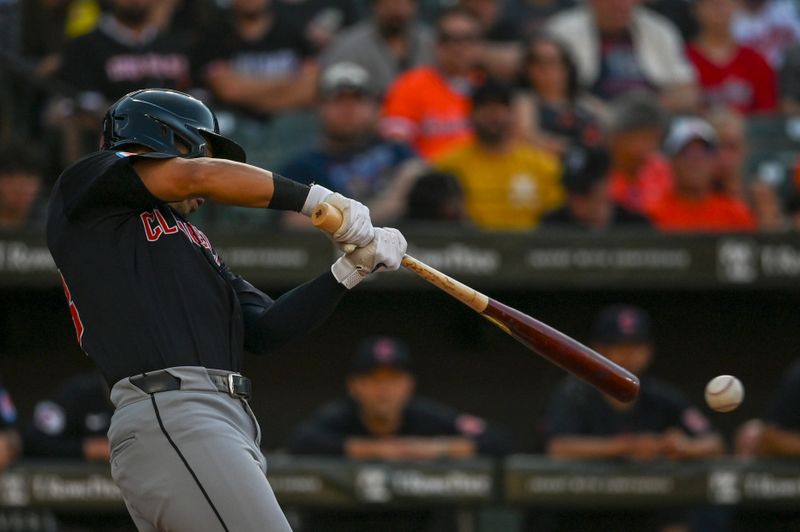 Jun 24, 2024; Baltimore, Maryland, USA;  Cleveland Guardians outfielder Steven Kwan (38) singles during the first inning against the Baltimore Orioles at Oriole Park at Camden Yards. Mandatory Credit: Tommy Gilligan-USA TODAY Sports