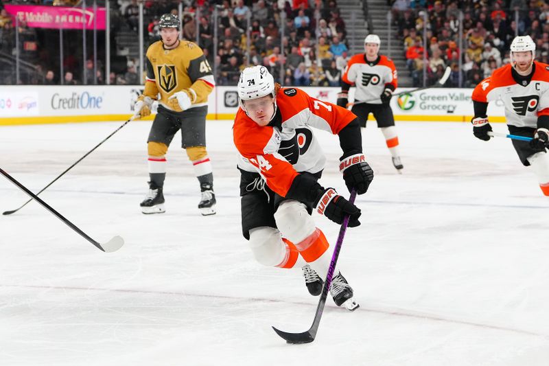 Jan 19, 2026; Las Vegas, Nevada, USA; Philadelphia Flyers right wing Owen Tippett (74) skates against the Vegas Golden Knights during the second period at T-Mobile Arena. Mandatory Credit: Stephen R. Sylvanie-Imagn Images