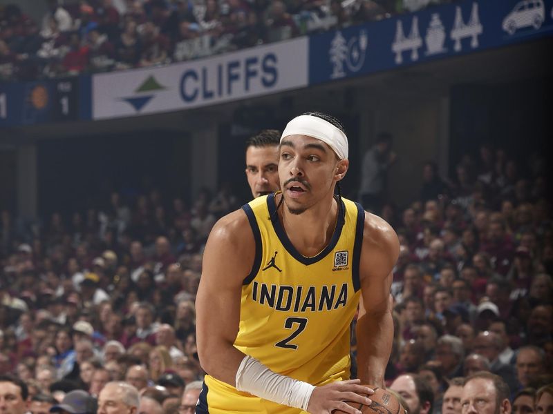 CLEVELAND, OH - MAY 4: Andrew Nembhard #2 of the Indiana Pacers looks to pass the ball during the game against the Cleveland Cavaliers during Round 2 Game 1 of the 2025 NBA Playoffs on May 4, 2025 at Rocket Arena in Cleveland, Ohio. NOTE TO USER: User expressly acknowledges and agrees that, by downloading and/or using this Photograph, user is consenting to the terms and conditions of the Getty Images License Agreement. Mandatory Copyright Notice: Copyright 2025 NBAE (Photo by David Liam Kyle/NBAE via Getty Images)