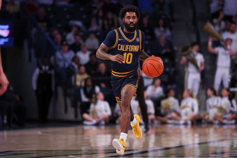 Feb 15, 2025; Atlanta, Georgia, USA; California Golden Bears guard Jovan Blacksher Jr. (10) dribbles against the Georgia Tech Yellow Jackets in the first half at McCamish Pavilion. Mandatory Credit: Brett Davis-Imagn Images
