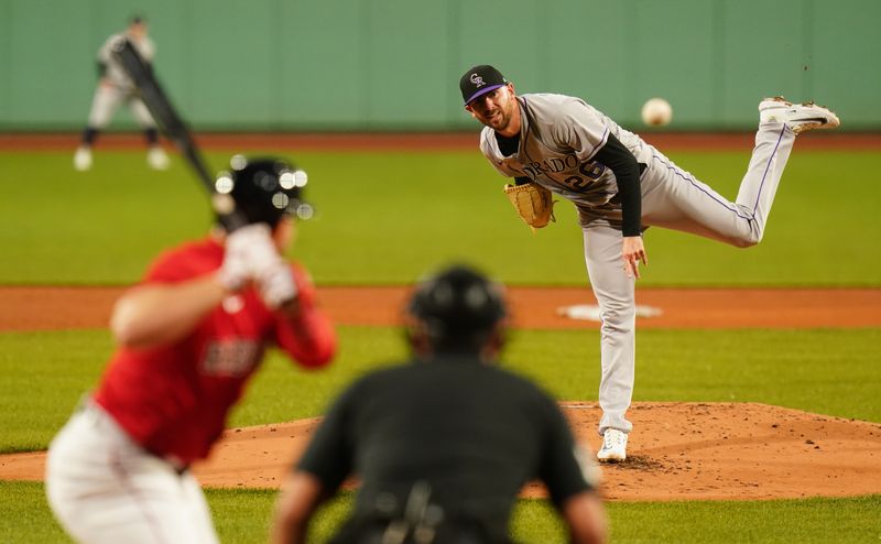 Jun 14, 2023; Boston, Massachusetts, USA; Colorado Rockies starting pitcher Austin Gomber (26) throws a pitch against the Boston Red Sox in the first inning at Fenway Park. Mandatory Credit: David Butler II-USA TODAY Sports