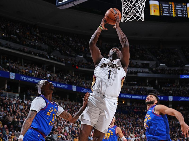 DENVER, CO - JANUARY 12: Zion Williamson #1 of the New Orleans Pelicans dunks the ball during the game against the Denver Nuggets on January 12, 2024 at the Ball Arena in Denver, Colorado. NOTE TO USER: User expressly acknowledges and agrees that, by downloading and/or using this Photograph, user is consenting to the terms and conditions of the Getty Images License Agreement. Mandatory Copyright Notice: Copyright 2024 NBAE (Photo by Garrett Ellwood/NBAE via Getty Images)