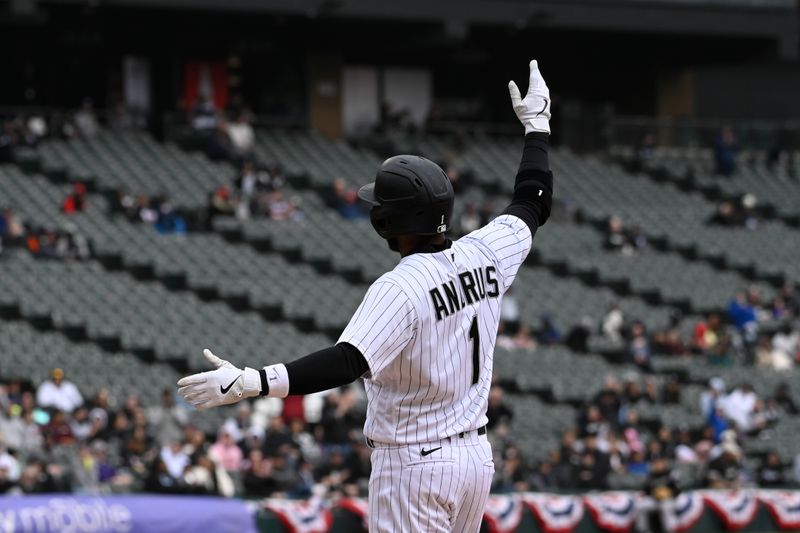 Apr 5, 2023; Chicago, Illinois, USA;  Chicago White Sox second baseman Elvis Andrus (1) after he hits his 2000th career hit during the fifth inning against the San Francisco Giants  at Guaranteed Rate Field. Mandatory Credit: Matt Marton-USA TODAY Sports