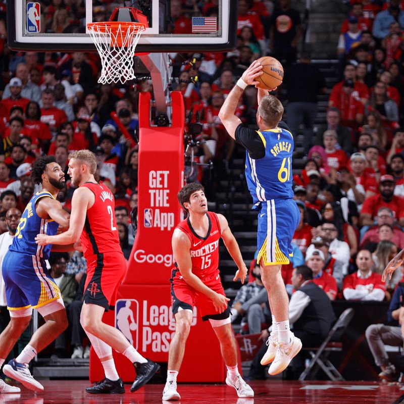 HOUSTON, TX - APRIL 30: Pat Spencer #61 of the Golden State Warriors shoots the ball during the game against the Houston Rockets during Round 1 Game 5 of the 2025 NBA Playoffs on April 30, 2025 at the Toyota Center in Houston, Texas. NOTE TO USER: User expressly acknowledges and agrees that, by downloading and or using this photograph, User is consenting to the terms and conditions of the Getty Images License Agreement. Mandatory Copyright Notice: Copyright 2025 NBAE(Photo by Logan Riely/NBAE via Getty Images)