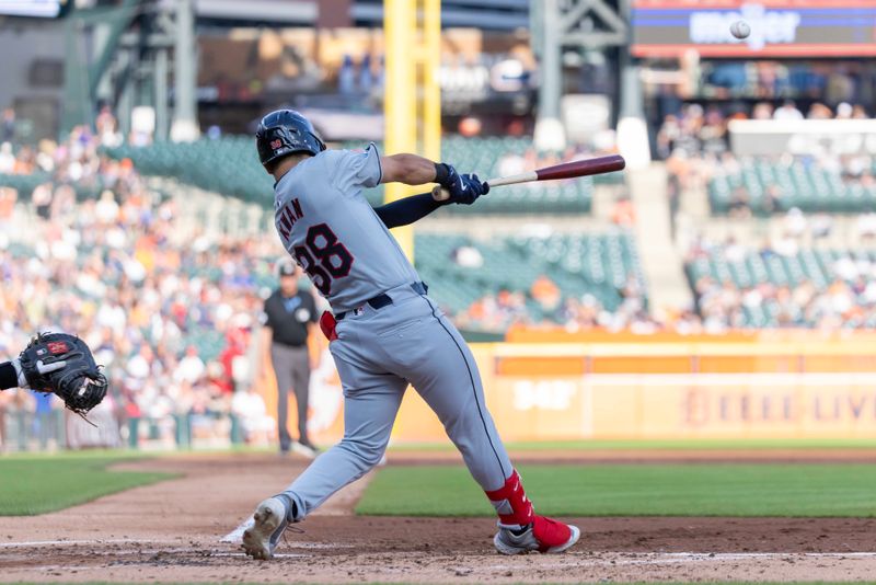 Jul 29, 2024; Detroit, Michigan, USA; Cleveland Guardians outfielder Steven Kwan (38) swings and makes contact in the second inning against the Detroit Tigers at Comerica Park. Mandatory Credit: David Reginek-USA TODAY Sports