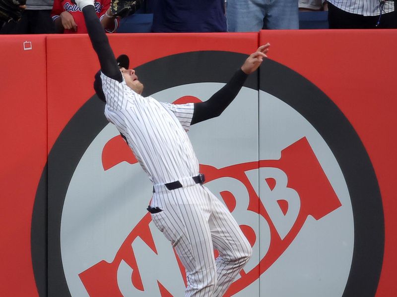 Jun 5, 2025; Bronx, New York, USA; New York Yankees right fielder Cody Bellinger (35) catches a fly ball by Cleveland Guardians designated hitter David Fry (not pictured) during the fourth inning at Yankee Stadium. Mandatory Credit: Brad Penner-Imagn Images