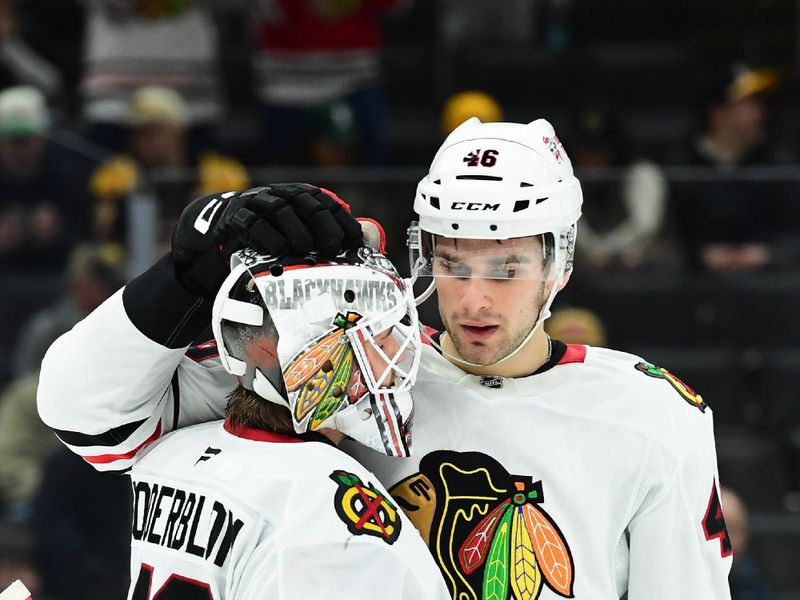 Apr 10, 2025; Boston, Massachusetts, USA;  Chicago Blackhawks defenseman Louis Crevier (46) congratulates goaltender Arvid Soderblom (40) after defeating the Boston Bruins at TD Garden. Mandatory Credit: Bob DeChiara-Imagn Images