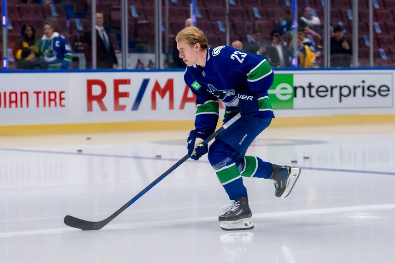 Nov 12, 2024; Vancouver, British Columbia, CAN; Vancouver Canucks forward Jonathan Lekkerimaki (23) warms up before his NHL debut against the Calgary Flames at Rogers Arena. Mandatory Credit: Bob Frid-Imagn Images