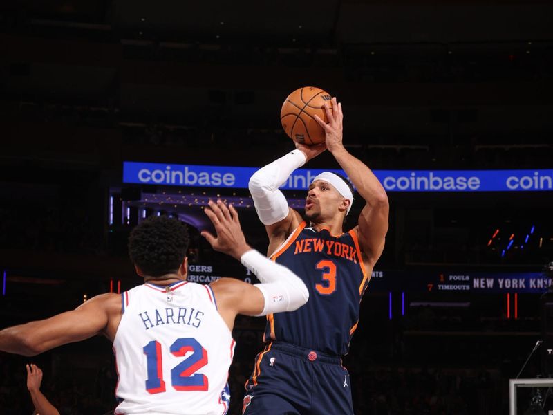 NEW YORK, NY - MARCH 12:  Josh Hart #3 of the New York Knicks shoots the ball during the game against the Philadelphia 76ers on March 12, 2024 at Madison Square Garden in New York City, New York.  NOTE TO USER: User expressly acknowledges and agrees that, by downloading and or using this photograph, User is consenting to the terms and conditions of the Getty Images License Agreement. Mandatory Copyright Notice: Copyright 2024 NBAE  (Photo by Nathaniel S. Butler/NBAE via Getty Images)