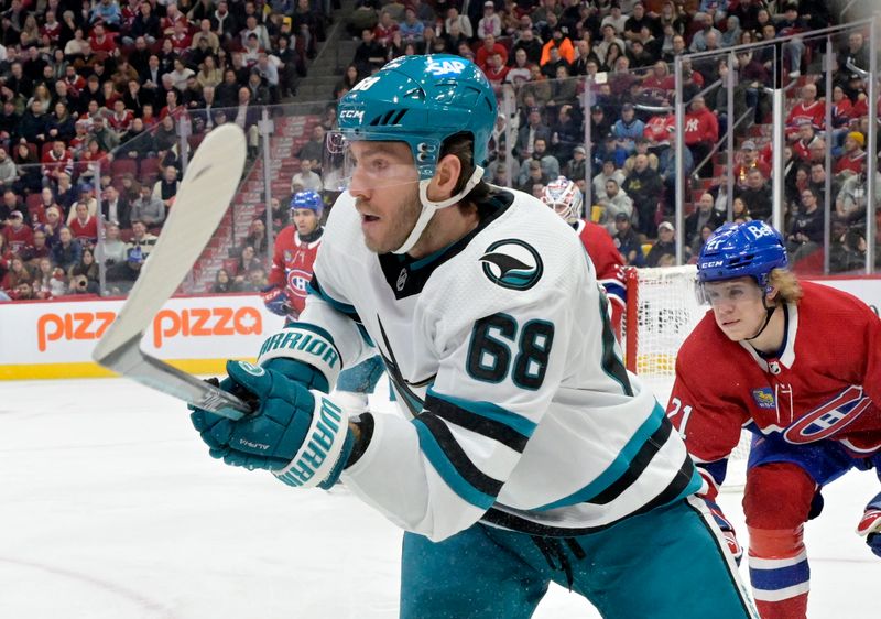 Jan 11, 2024; Montreal, Quebec, CAN; San Jose Sharks forward Mike Hoffman (68) during the second period of the game against the Montreal Canadiens at the Bell Centre. Mandatory Credit: Eric Bolte-USA TODAY Sports