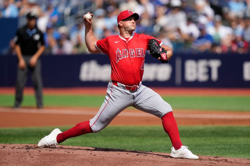 Aug 24, 2024; Toronto, Ontario, CAN; Los Angeles Angels starting pitcher Carson Fulmer (41) pitches to the Toronto Blue Jays during the  first inning at Rogers Centre. Mandatory Credit: John E. Sokolowski-USA TODAY Sports