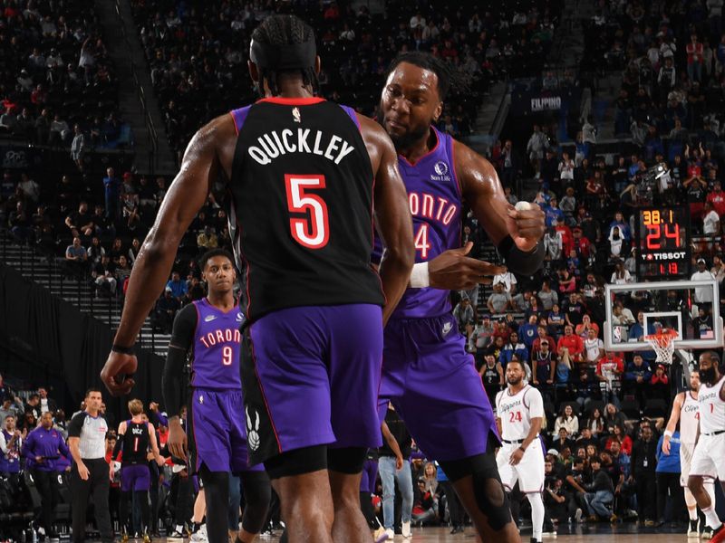 INGLEWOOD, CA - NOVEMBER 9: Immanuel Quickley #5 of the Toronto Raptors celebrates during the game against the LA Clippers on November 9, 2024 at Intuit Dome in Los Angeles, California. NOTE TO USER: User expressly acknowledges and agrees that, by downloading and/or using this Photograph, user is consenting to the terms and conditions of the Getty Images License Agreement. Mandatory Copyright Notice: Copyright 2024 NBAE (Photo by Noah Graham/NBAE via Getty Images)