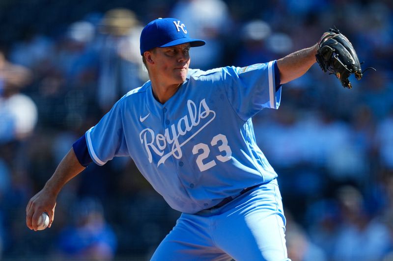 Oct 1, 2023; Kansas City, Missouri, USA; Kansas City Royals starting pitcher Zack Greinke (23) pitches during the first inning against the New York Yankees at Kauffman Stadium. Mandatory Credit: Jay Biggerstaff-USA TODAY Sports