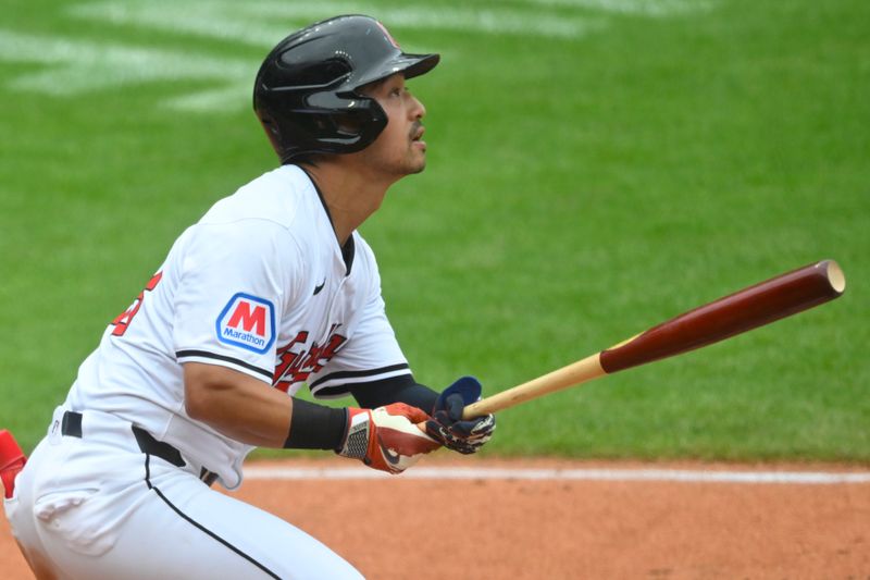 Jul 4, 2024; Cleveland, Ohio, USA; Cleveland Guardians left fielder Steven Kwan (38) watches his solo home run in the third inning against the Chicago White Sox at Progressive Field. Mandatory Credit: David Richard-USA TODAY Sports