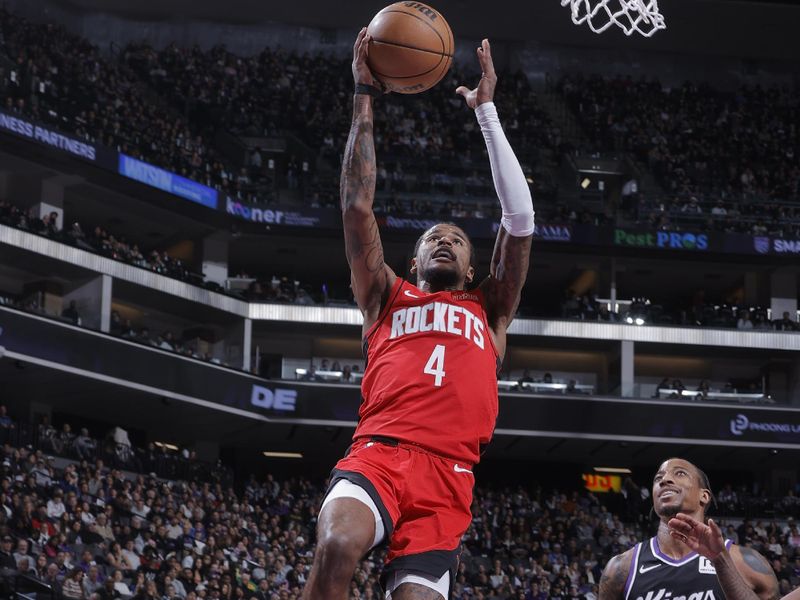 SACRAMENTO, CA - JANUARY 16: Jalen Green #4 of the Houston Rockets drives to the basket during the game against the Sacramento Kings on January 16, 2025 at Golden 1 Center in Sacramento, California. NOTE TO USER: User expressly acknowledges and agrees that, by downloading and or using this Photograph, user is consenting to the terms and conditions of the Getty Images License Agreement. Mandatory Copyright Notice: Copyright 2025 NBAE (Photo by Rocky Widner/NBAE via Getty Images)