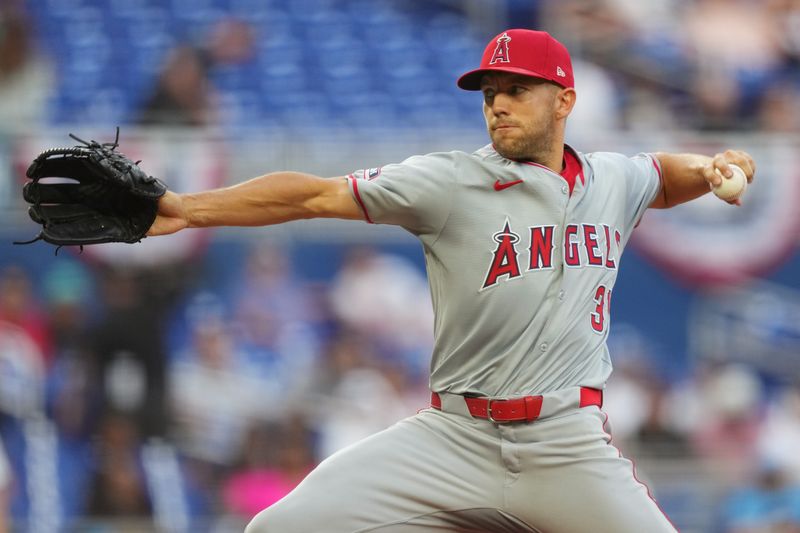 Apr 2, 2024; Miami, Florida, USA; Los Angeles Angels starting pitcher Tyler Anderson (31) pitches in the first inning against the Miami Marlins at loanDepot Park. Mandatory Credit: Jim Rassol-USA TODAY Sports