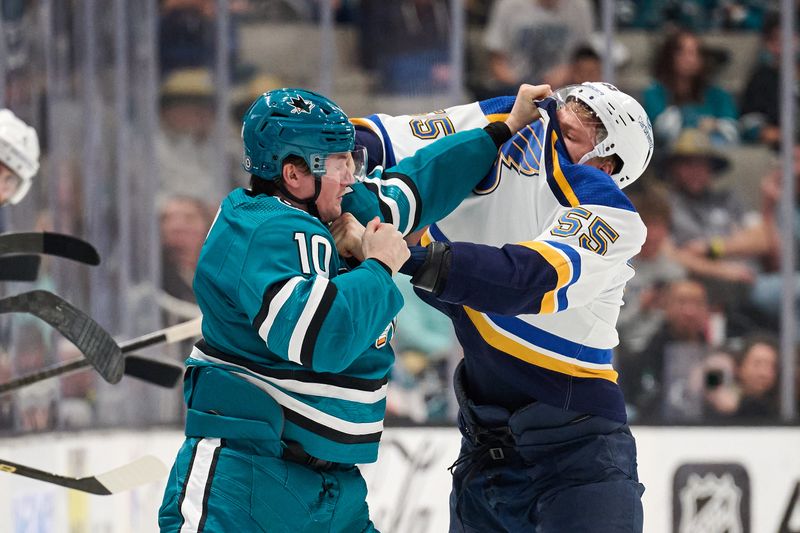 Apr 6, 2024; San Jose, California, USA; San Jose Sharks center Klim Kostin (10) fights St. Louis Blues defenseman Colton Parayko (55) during the third period at SAP Center at San Jose. Mandatory Credit: Robert Edwards-USA TODAY Sports