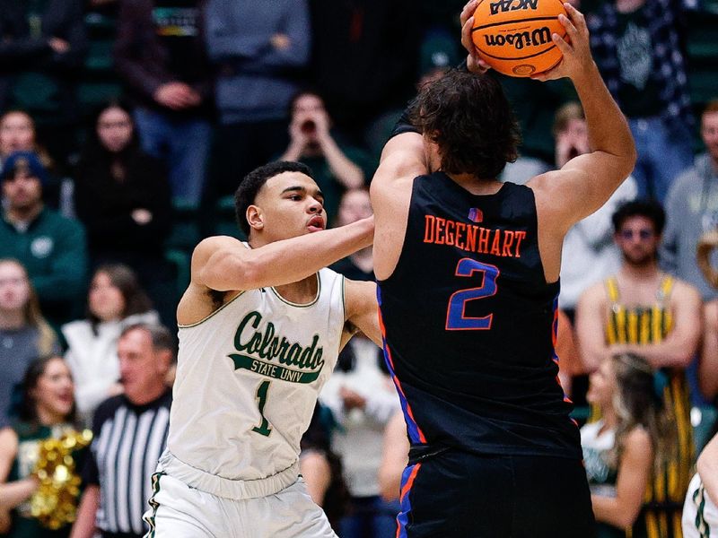 Feb 15, 2023; Fort Collins, Colorado, USA; Boise State Broncos forward Tyson Degenhart (2) controls the ball as Colorado State Rams guard John Tonje (1) guards in the second half at Moby Arena. Mandatory Credit: Isaiah J. Downing-USA TODAY Sports