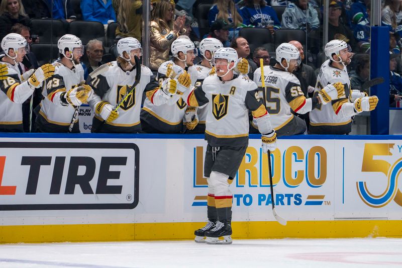 Apr 8, 2024; Vancouver, British Columbia, CAN; Vegas Golden Knights forward Jack Eichel (9) celebrates his goal against the Vancouver Canucks in the first period  at Rogers Arena. Mandatory Credit: Bob Frid-USA TODAY Sports