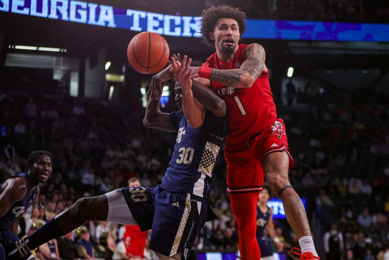 Feb 1, 2025; Atlanta, Georgia, USA; Louisville Cardinals guard J'Vonne Hadley (1) reaches for a rebound over Georgia Tech Yellow Jackets forward Ibrahim Souare (30) in the first half at McCamish Pavilion. Mandatory Credit: Brett Davis-Imagn Images