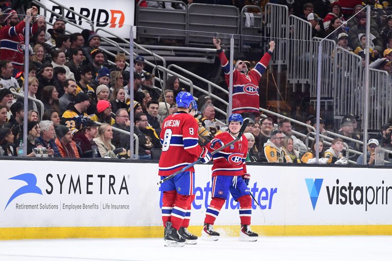 Jan 24, 2026; Boston, Massachusetts, USA; Montreal Canadiens right wing Cole Caufield (13) reacts after scoring a goal during the first period against the Boston Bruins at TD Garden. Mandatory Credit: Bob DeChiara-Imagn Images
