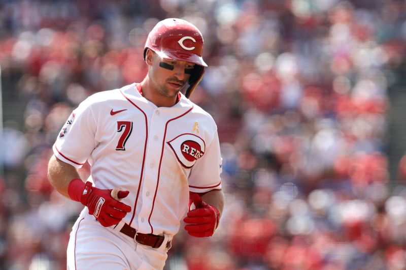 Sep 3, 2023; Cincinnati, Ohio, USA; Cincinnati Reds second baseman Spencer Steer (7) runs the bases after hitting a solo home run against the Chicago Cubs during the first inning at Great American Ball Park. Mandatory Credit: David Kohl-USA TODAY Sports