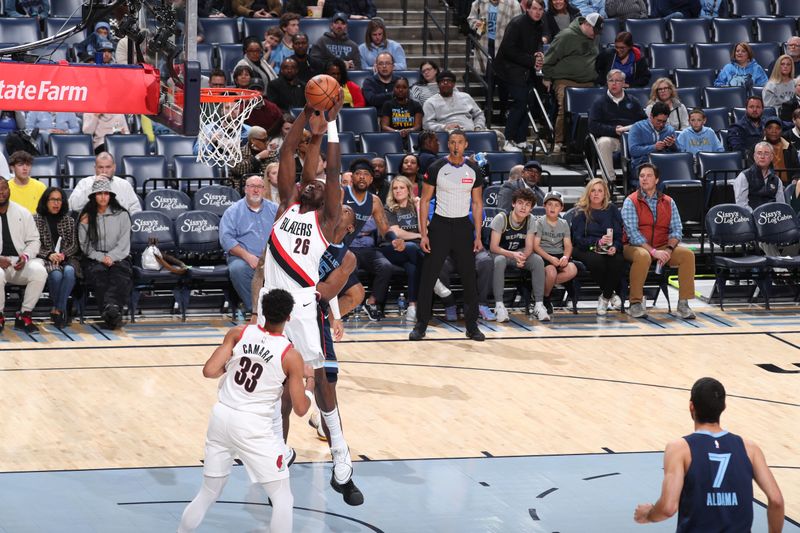 MEMPHIS, TN - MARCH 1: Duop Reath #26 of the Portland Trail Blazers grabs a rebound during the game against the Memphis Grizzlies on March 1, 2024 at FedExForum in Memphis, Tennessee. NOTE TO USER: User expressly acknowledges and agrees that, by downloading and or using this photograph, User is consenting to the terms and conditions of the Getty Images License Agreement. Mandatory Copyright Notice: Copyright 2024 NBAE (Photo by Joe Murphy/NBAE via Getty Images)