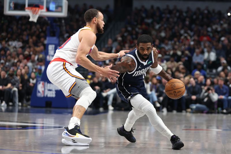 DALLAS, TX - FEBRUARY 12:  Kyrie Irving #11 of the Dallas Mavericks drives to the basket during the game against the Golden State Warriors on February 12, 2025 at American Airlines Center in Dallas, Texas. NOTE TO USER: User expressly acknowledges and agrees that, by downloading and or using this photograph, User is consenting to the terms and conditions of the Getty Images License Agreement. Mandatory Copyright Notice: Copyright 2025 NBAE (Photo by Tim Heitman/NBAE via Getty Images)