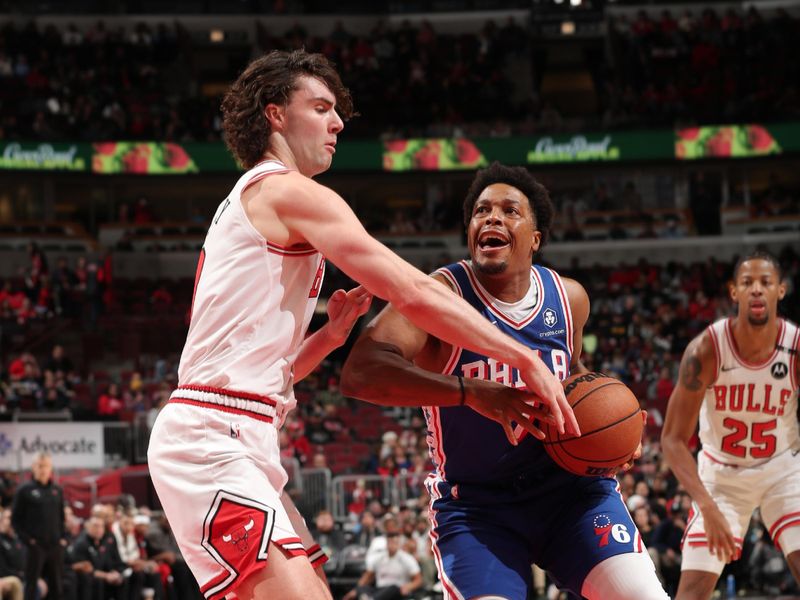 CHICAGO, IL - DECEMBER 8: Kyle Lowry #7 of the Philadelphia 76ers drives to the basket during the game against the Chicago Bulls on December 8, 2024 at United Center in Chicago, Illinois. NOTE TO USER: User expressly acknowledges and agrees that, by downloading and or using this photograph, User is consenting to the terms and conditions of the Getty Images License Agreement. Mandatory Copyright Notice: Copyright 2024 NBAE (Photo by Gary Dineen/NBAE via Getty Images)