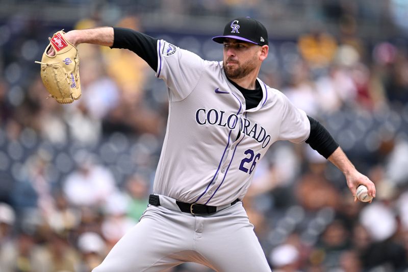 May 15, 2024; San Diego, California, USA; Colorado Rockies starting pitcher Austin Gomber (26) throws a pitch against the San Diego Padres during the first inning at Petco Park. Mandatory Credit: Orlando Ramirez-USA TODAY Sports