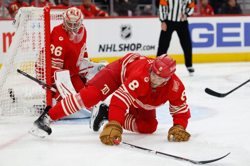 Mar 6, 2026; Detroit, Michigan, USA;  Detroit Red Wings defenseman Ben Chiarot (8) defends in the third period against the Florida Panthers at Little Caesars Arena. Mandatory Credit: Rick Osentoski-Imagn Images