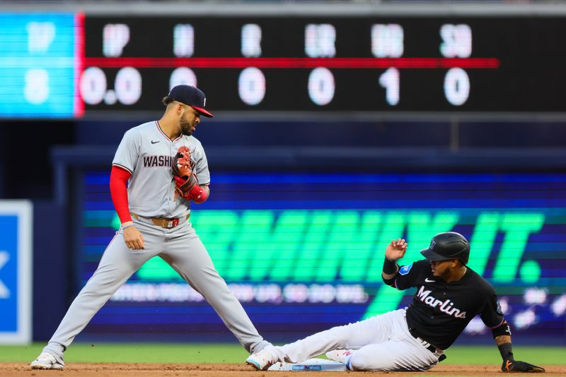 Apr 26, 2024; Miami, Florida, USA;  Washington Nationals second baseman Luis Garcia Jr. (2) watches after retiring Miami Marlins second baseman Luis Arraez (3) at second base during the first inning at loanDepot Park. Mandatory Credit: Sam Navarro-USA TODAY Sports