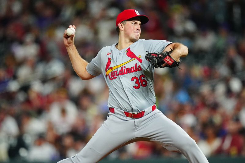 Sep 24, 2024; Denver, Colorado, USA; St. Louis Cardinals starting pitcher Michael McGreevy (36) pitches in the fifth inning against the Colorado Rockies at Coors Field. Mandatory Credit: Ron Chenoy-Imagn Images