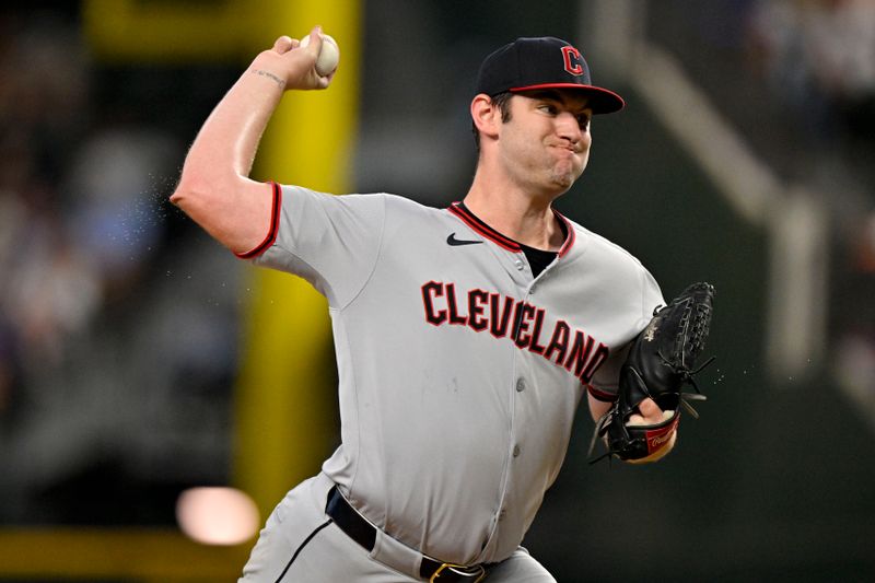 Aug 24, 2025; Arlington, Texas, USA; Cleveland Guardians starting pitcher Gavin Williams (32) pitches against the Texas Rangers during the third inning at Globe Life Field. Mandatory Credit: Jerome Miron-Imagn Images