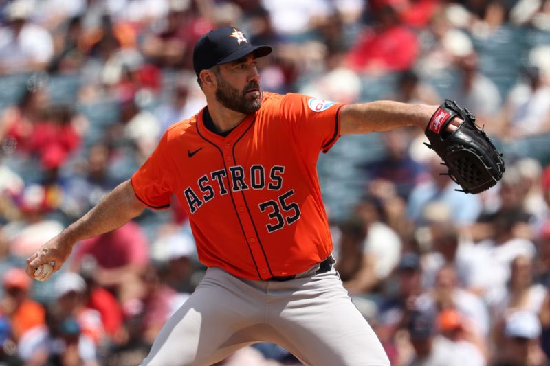 Jun 9, 2024; Anaheim, California, USA;  Houston Astros starting pitcher Justin Verlander (35) pitches during the third inning against the Los Angeles Angels at Angel Stadium. Mandatory Credit: Kiyoshi Mio-USA TODAY Sports