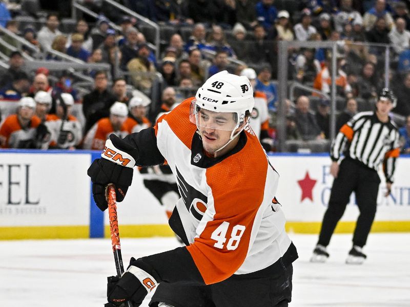 Jan 15, 2024; St. Louis, Missouri, USA;  Philadelphia Flyers center Morgan Frost (48) shoots against the St. Louis Blues during the first period at Enterprise Center. Mandatory Credit: Jeff Curry-USA TODAY Sports