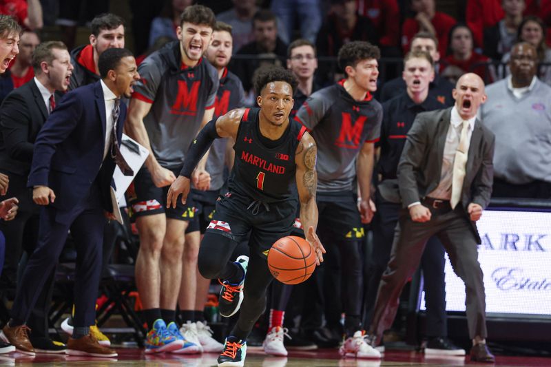 Jan 5, 2023; Piscataway, New Jersey, USA; Maryland Terrapins guard Jahmir Young (1) dribbles up court  after a turn over during the first half against the Rutgers Scarlet Knights at Jersey Mike's Arena. Mandatory Credit: Vincent Carchietta-USA TODAY Sports