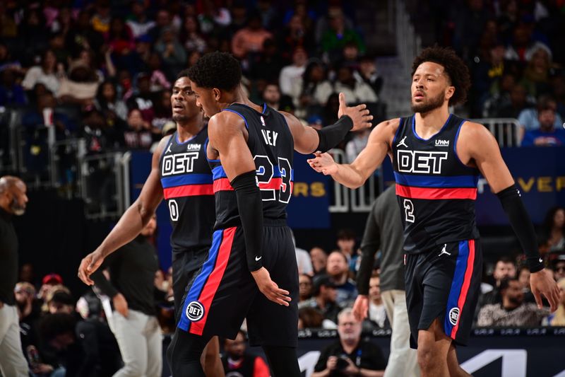 DETROIT, MI - MARCH 1: Jaden Ivey #23 of the Detroit Pistons high fives Cade Cunningham #2 during the game against the Cleveland Cavaliers on March 1, 2024 at Little Caesars Arena in Detroit, Michigan. NOTE TO USER: User expressly acknowledges and agrees that, by downloading and/or using this photograph, User is consenting to the terms and conditions of the Getty Images License Agreement. Mandatory Copyright Notice: Copyright 2024 NBAE (Photo by Chris Schwegler/NBAE via Getty Images)