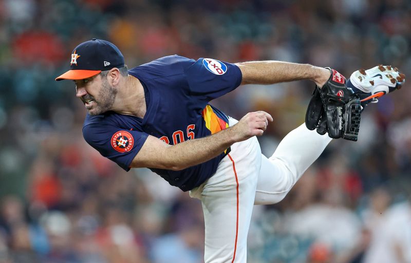 Sep 8, 2024; Houston, Texas, USA; Houston Astros starting pitcher Justin Verlander (35) delivers a pitch during the first inning against the Arizona Diamondbacks at Minute Maid Park. Mandatory Credit: Troy Taormina-Imagn Images