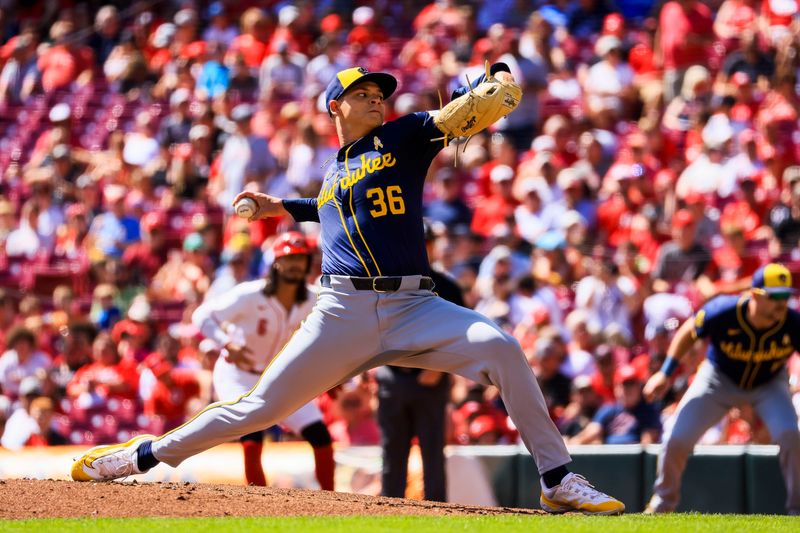 Sep 1, 2024; Cincinnati, Ohio, USA; Milwaukee Brewers starting pitcher Tobias Myers (36) pitches against the Cincinnati Reds in the first inning at Great American Ball Park. Mandatory Credit: Katie Stratman-USA TODAY Sports