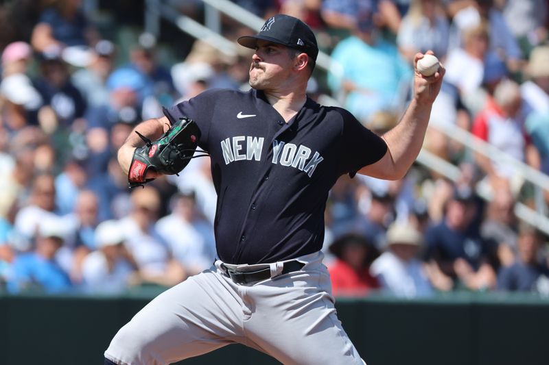 Mar 5, 2023; North Port, Florida, USA; New York Yankees starting pitcher Carlos Rodon (55) throws a pitch during the first inning against the Atlanta Braves at CoolToday Park. Mandatory Credit: Kim Klement-USA TODAY Sports