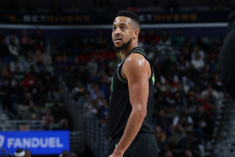 NEW ORLEANS, LA - MARCH 1:  CJ McCollum #3 of the New Orleans Pelicans looks on during the game against the Indiana Pacers on March 1, 2024 at the Smoothie King Center in New Orleans, Louisiana. NOTE TO USER: User expressly acknowledges and agrees that, by downloading and or using this Photograph, user is consenting to the terms and conditions of the Getty Images License Agreement. Mandatory Copyright Notice: Copyright 2024 NBAE (Photo by Layne Murdoch Jr./NBAE via Getty Images)