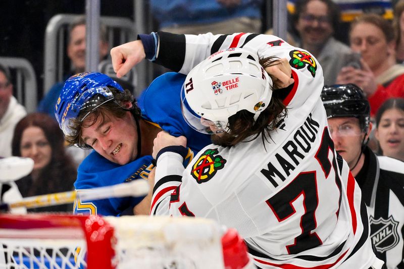 Mar 22, 2025; St. Louis, Missouri, USA;  Chicago Blackhawks left wing Patrick Maroon (77) fights St. Louis Blues defenseman Tyler Tucker (75) during the third period at Enterprise Center. Mandatory Credit: Jeff Curry-Imagn Images