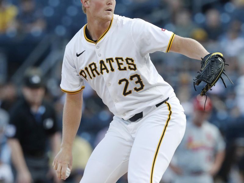 Jul 2, 2024; Pittsburgh, Pennsylvania, USA;  Pittsburgh Pirates starting pitcher Mitch Keller (23) delivers a pitch against the St. Louis Cardinals during the first inning at PNC Park. Mandatory Credit: Charles LeClaire-USA TODAY Sports